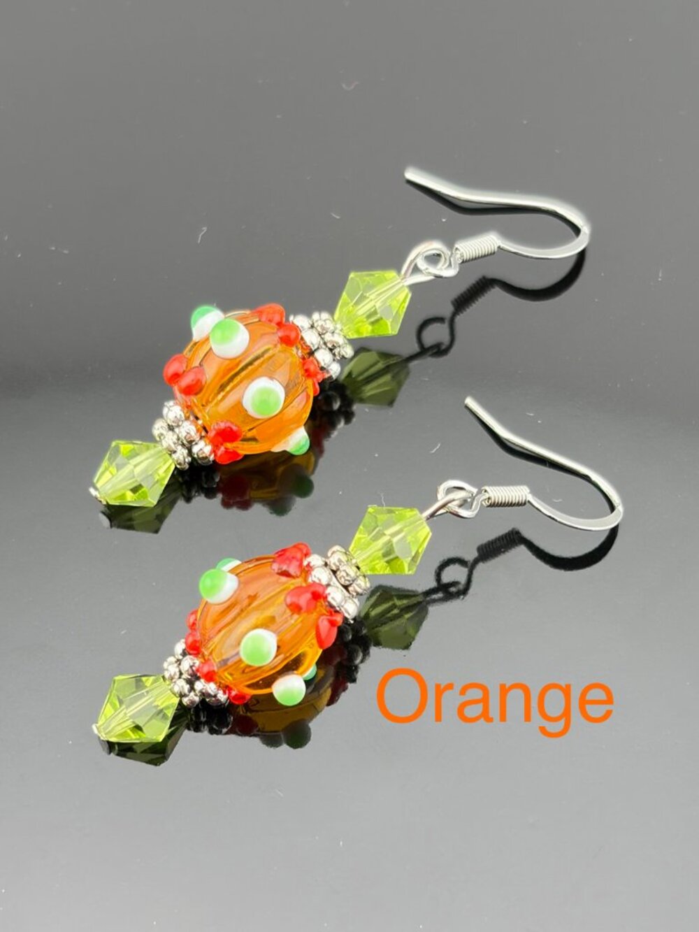Colorful Dotted Lampwork Glass Bead Handmade Earrings ORANGE LR241